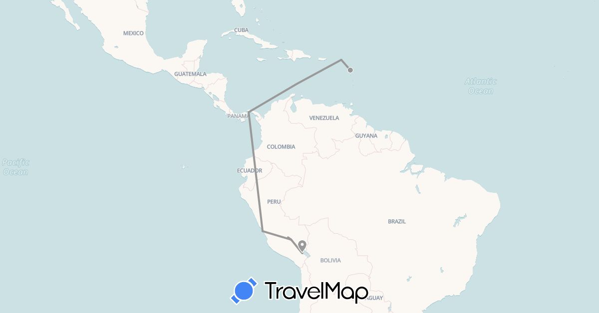 TravelMap itinerary: driving, plane in Guadeloupe, Panama, Peru (North America, South America)